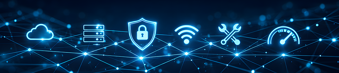 Blaues IT-Netzwerk-Banner mit Symbolen für Cloud, Server, Cyber-Sicherheit, WLAN, Support und Performance